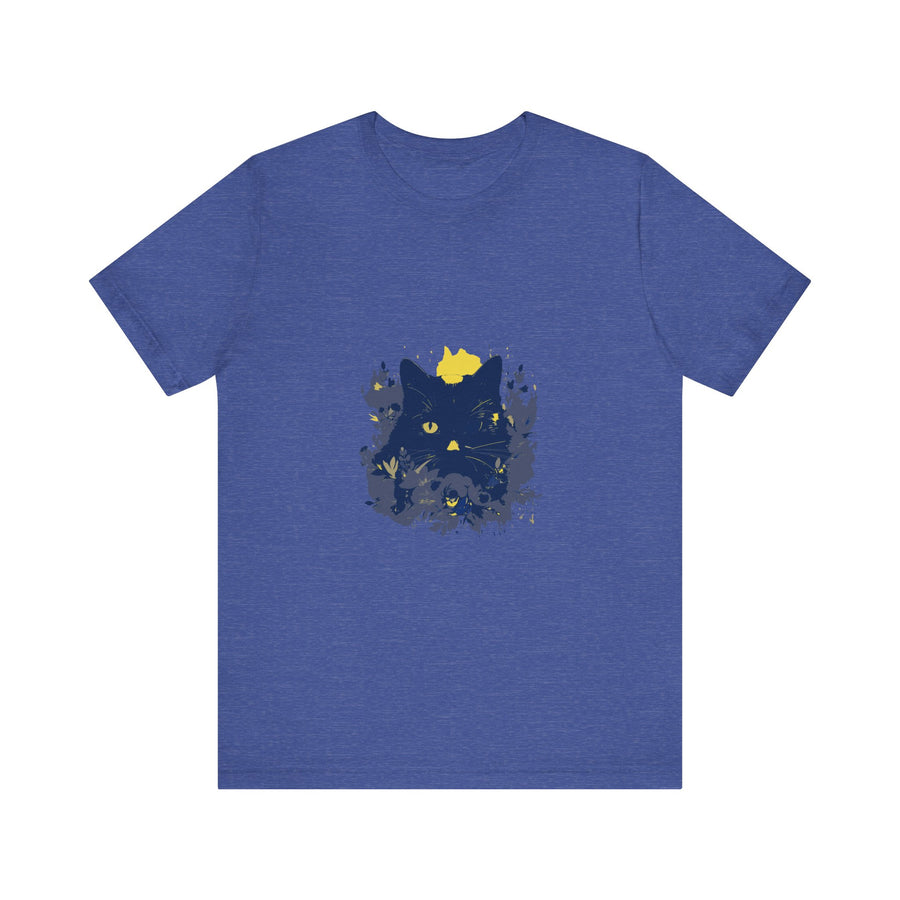 Black Cat Mystery T-Shirt - Whimsical Flowers - a black t-shirt featuring a mysterious black cat surrounded by whimsical flowers
