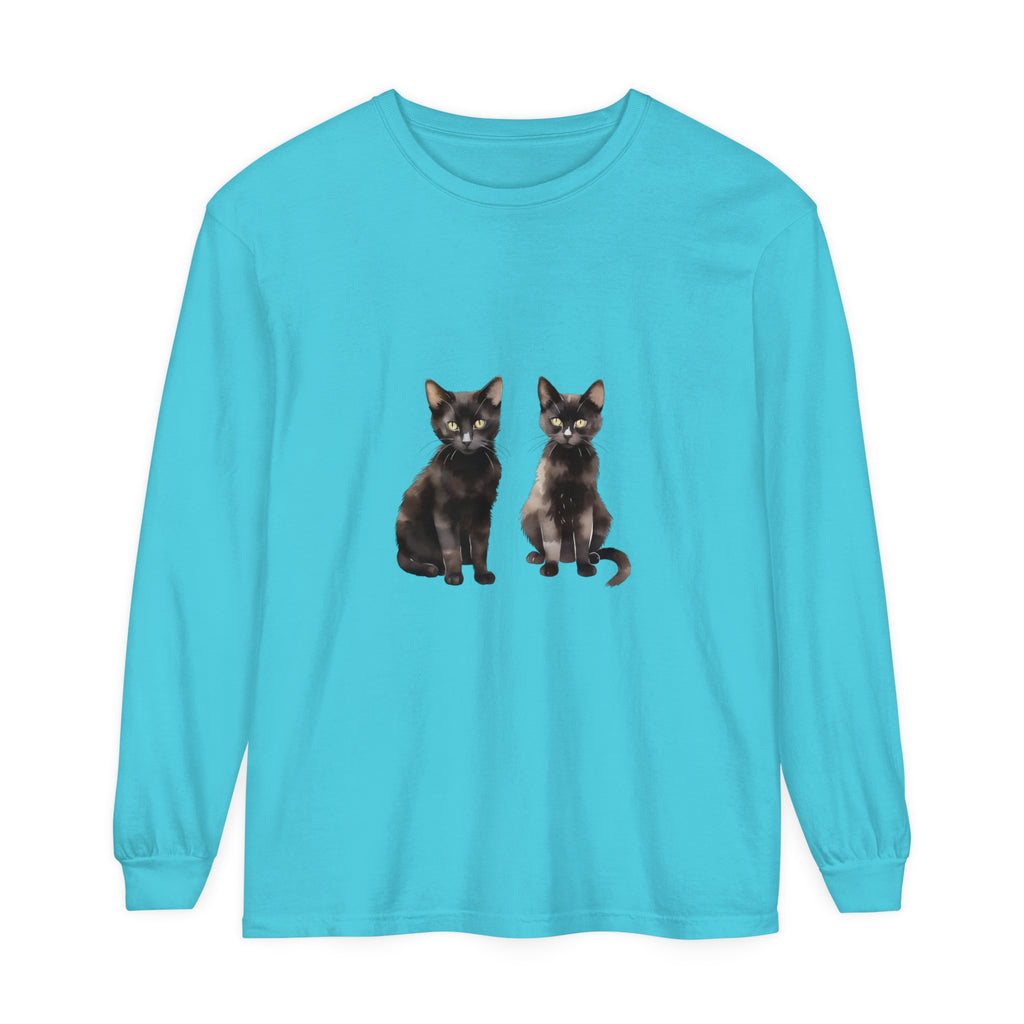 Black Cat Watercolor Art Long Sleeve T-Shirt - Unique, colorful feline design on comfortable, stylish top