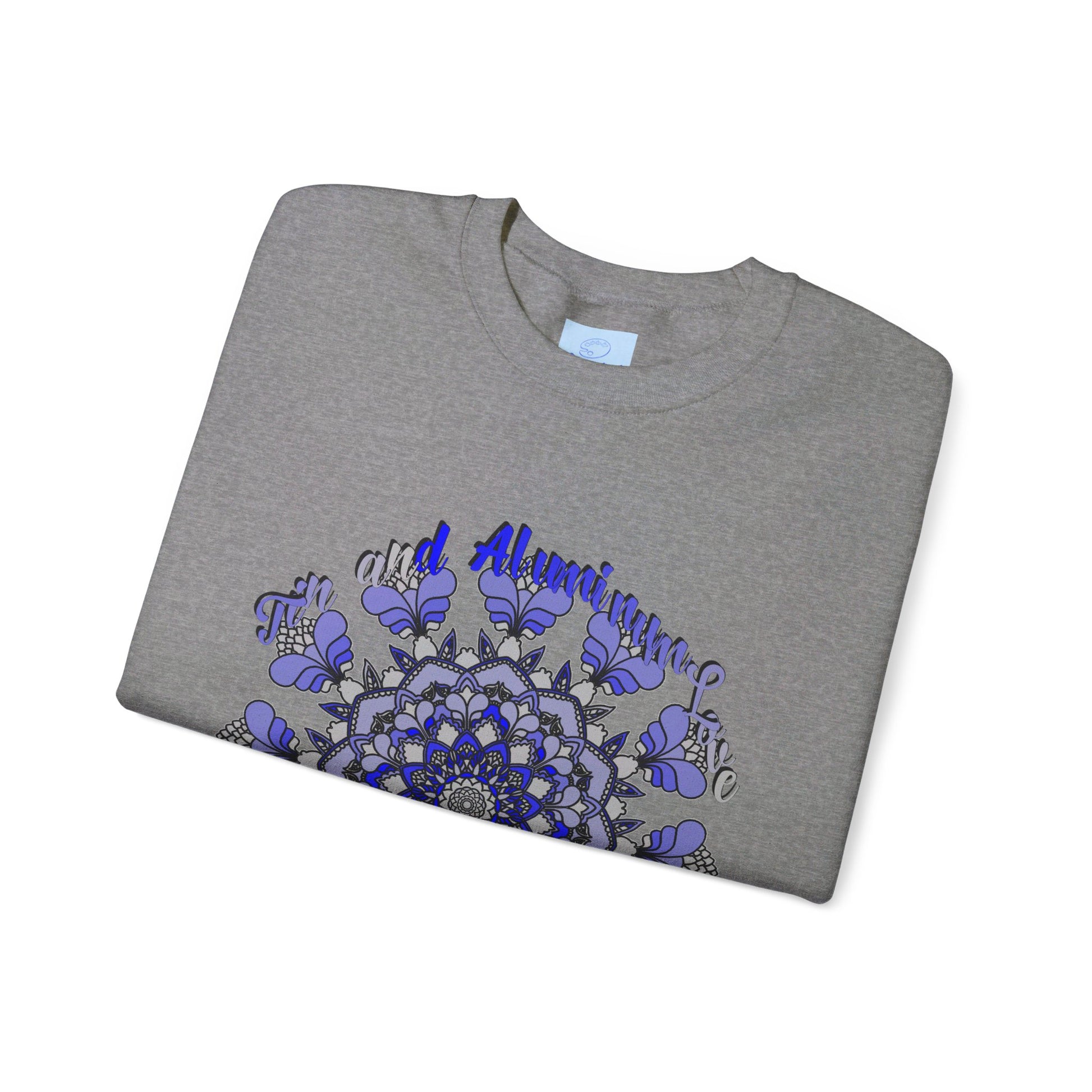 10th Anniversary Tin and Aluminum Love Unisex Sweatshirt in grey, celebrating a decade of love with metallic lettering and heart design