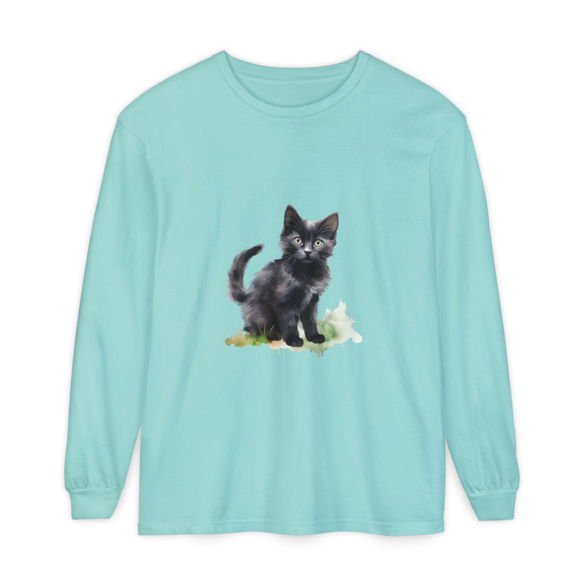 Maglietta a maniche lunghe con gatto nero e acquerello