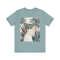 White cat shirt with a trendy tropical palm leaf pattern