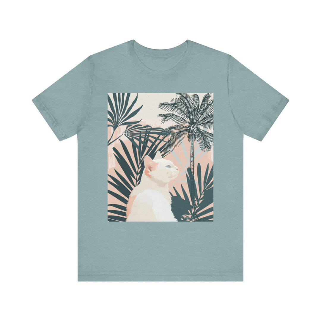 White cat shirt with a trendy tropical palm leaf pattern