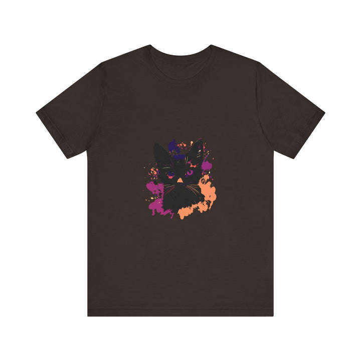 Black Cat Mystery T-Shirt with a striking graphic of purple eyes