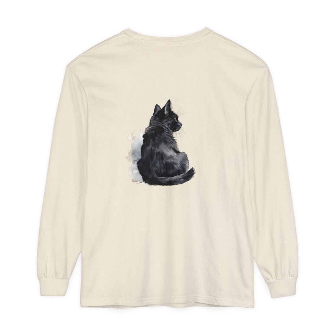 Black Cat Watercolor Unisex Long Sleeve T-Shirt featuring a vibrant, hand-painted feline design