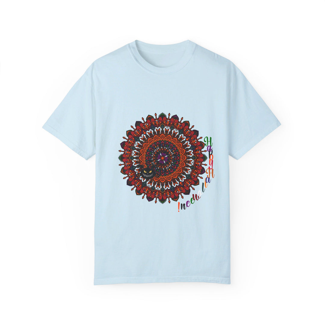  Close-up of the intricate pumpkin mandala art on the unisex t-shirt