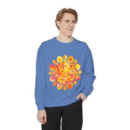 Colorful mandala sweatshirt featuring intricate design, perfect for yoga, meditation, and promoting peace and tranquility