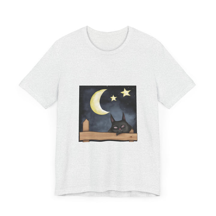 A comfortable black t-shirt featuring a sleepy cat under a moonlit night