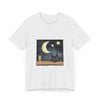 A comfortable black t-shirt featuring a sleepy cat under a moonlit night