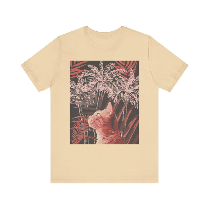 Ginger cat wearing sunglasses standing next to a palm tree on a white t-shirt