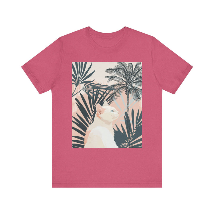 Chic white cat tee with a stylish tropical palm leaf design