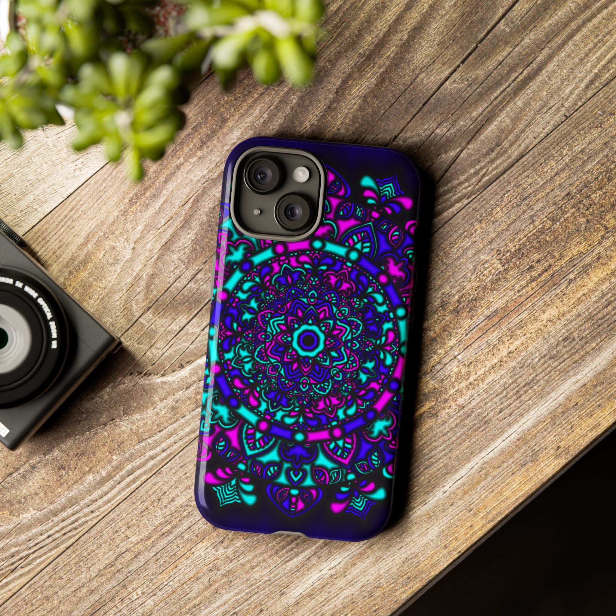 Mandala Neon Phone Case — Purple & Teal Protective Tough Case