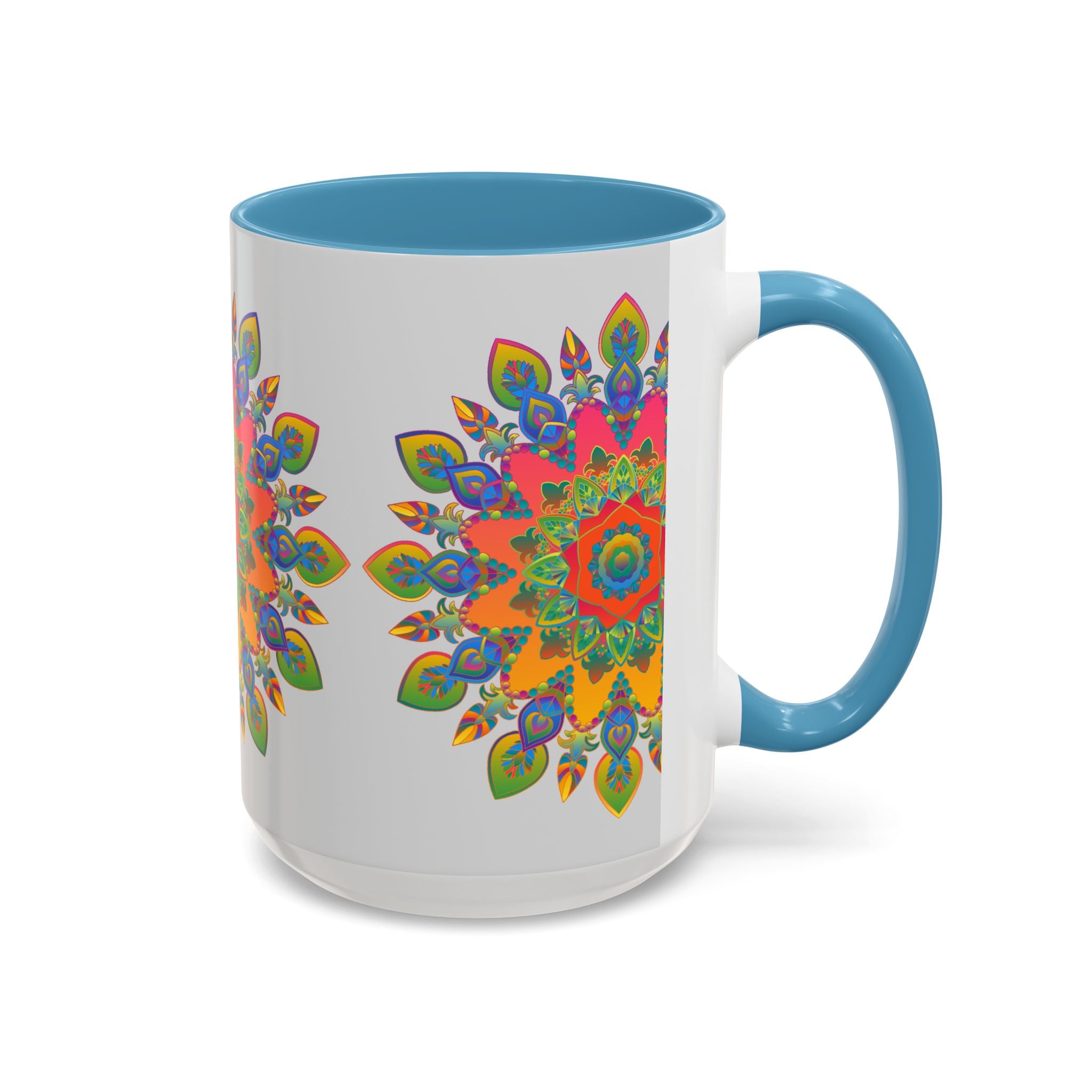 Colorful mandala mug with intricate and vibrant art on a grey background