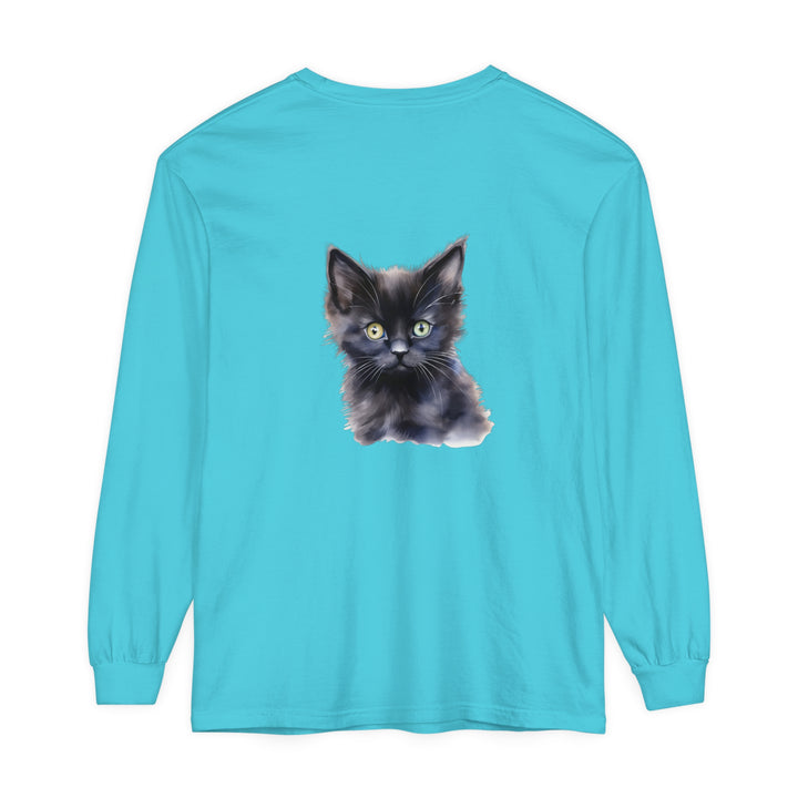 Black unisex long sleeve t-shirt featuring a mystical kitten design