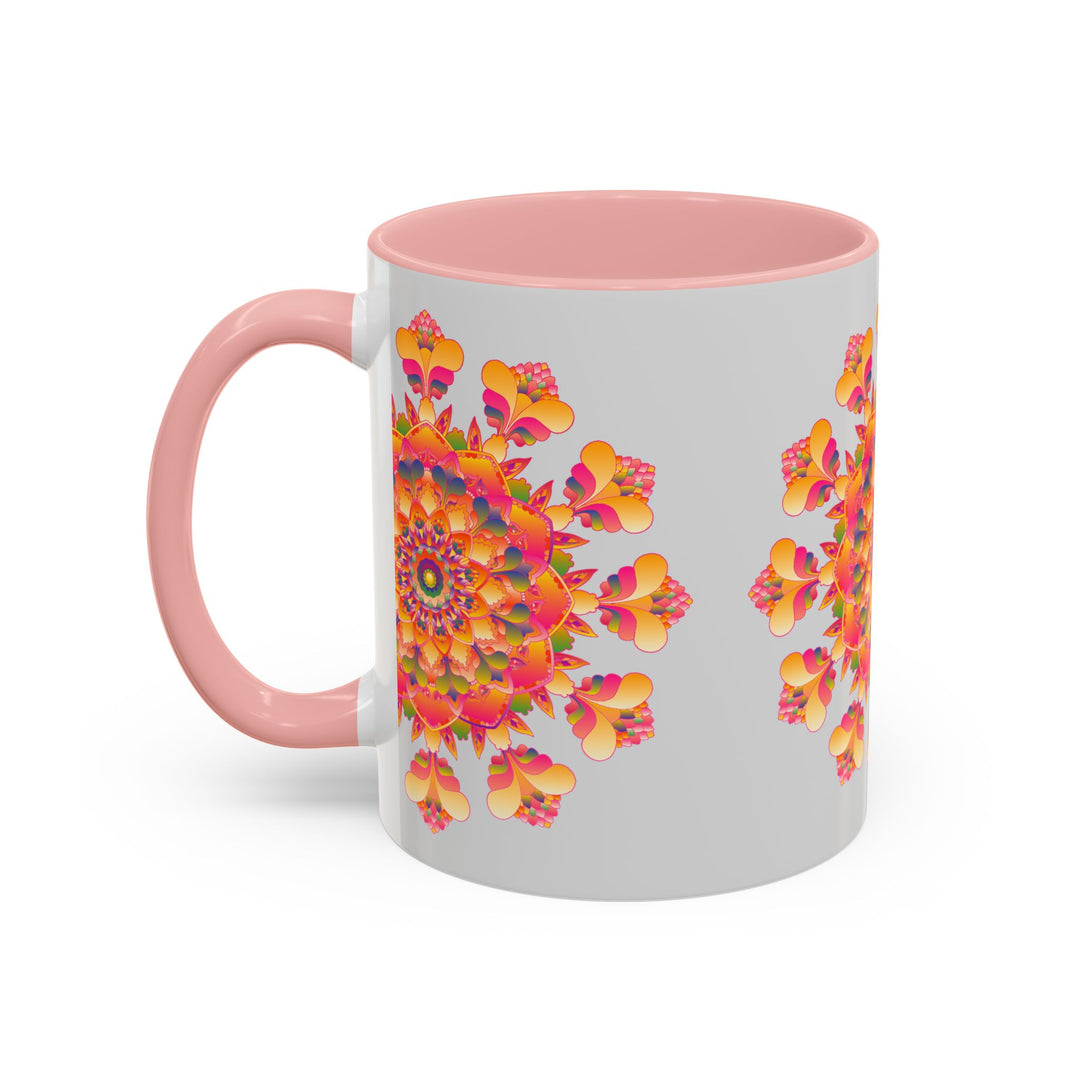 Beautiful white ceramic mug featuring a colorful floral mandala design