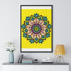 Hand-drawn yellow mandala art framed poster for mindfulness and yoga