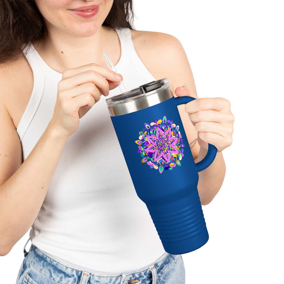 40oz Insulated Travel Mug — Purple Floral Mandala Design