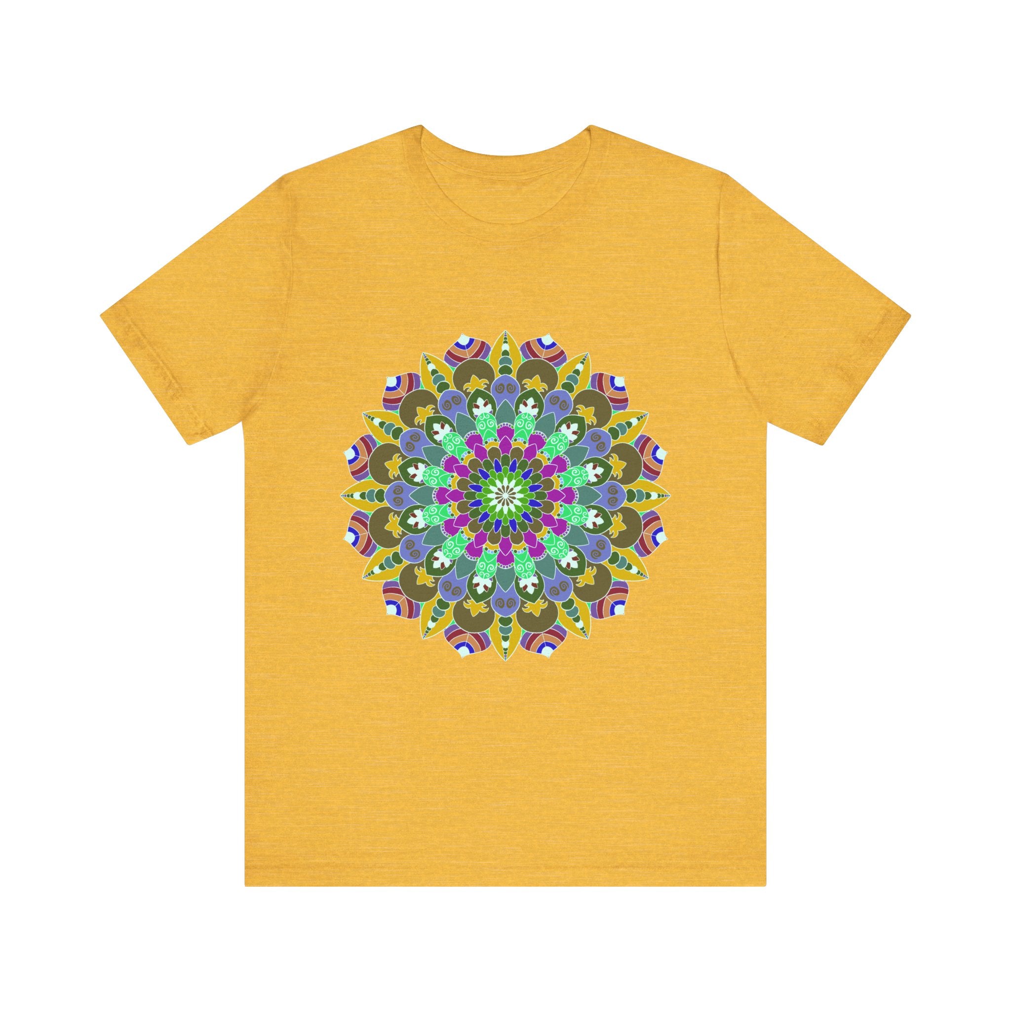 A vibrant and intricate mandala design T-shirt, featuring colorful and spiritual art