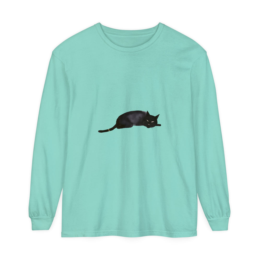 A cozy, black long sleeve t-shirt featuring a sleeping cat design