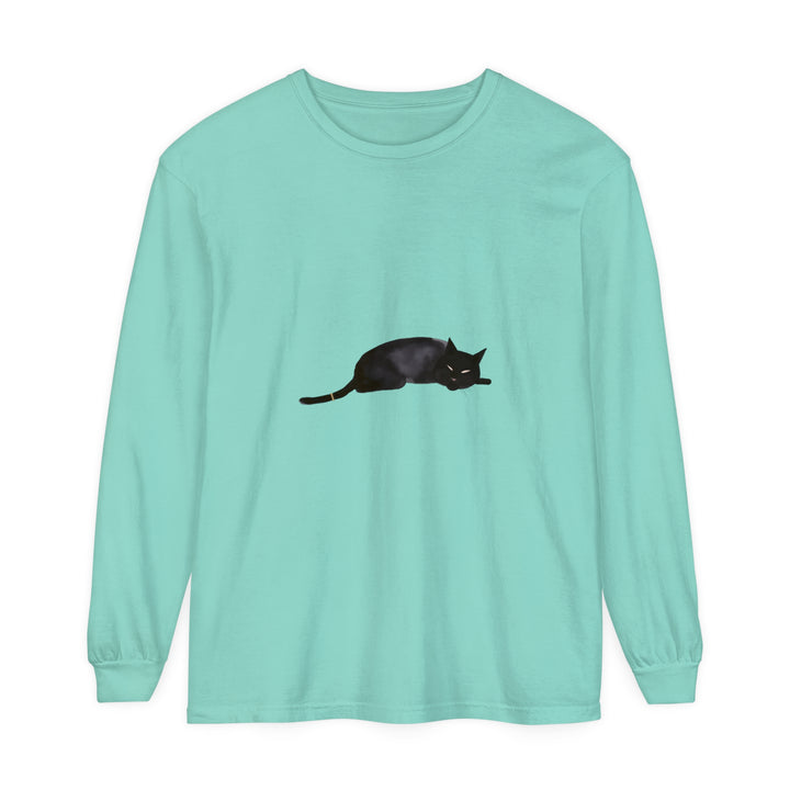 A cozy, black long sleeve t-shirt featuring a sleeping cat design