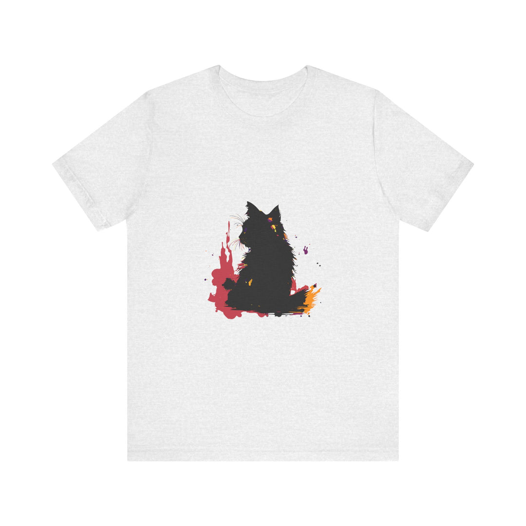 Colorful splatter art t-shirt featuring a mysterious black cat design