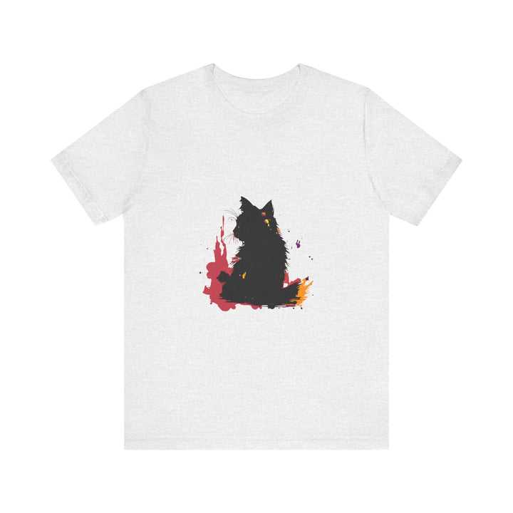 Colorful splatter art t-shirt featuring a mysterious black cat design