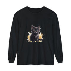 A close-up image of a black kitten watercolor splash t-shirt, featuring a playful and vibrant design with colorful splashes of watercolor in shades of blue, pink, and purple