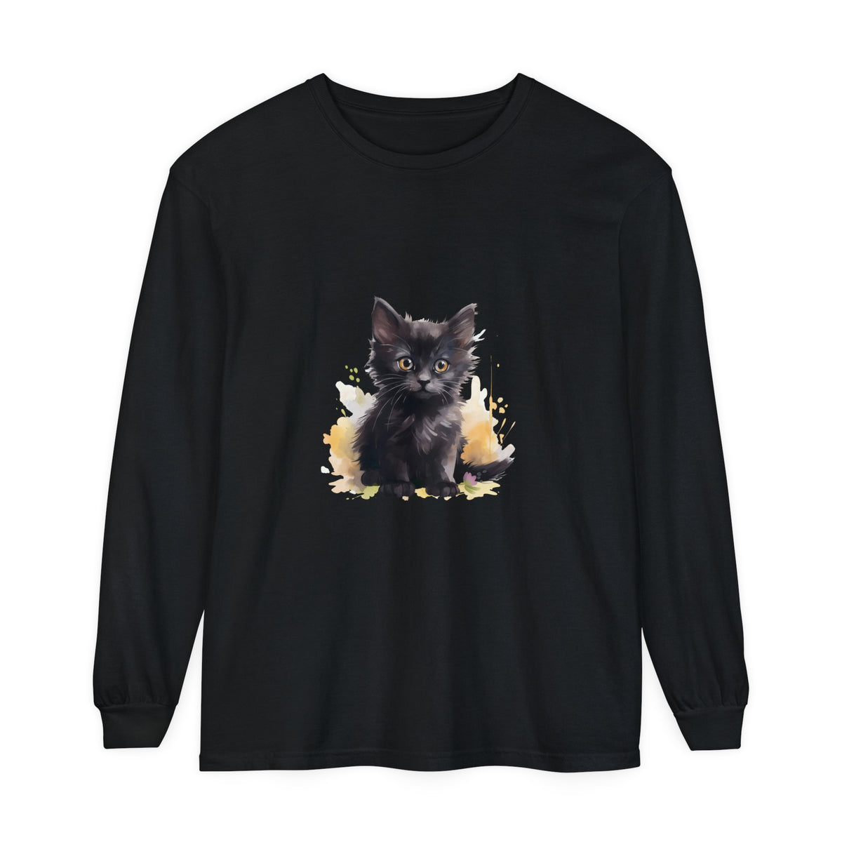 A close-up image of a black kitten watercolor splash t-shirt, featuring a playful and vibrant design with colorful splashes of watercolor in shades of blue, pink, and purple