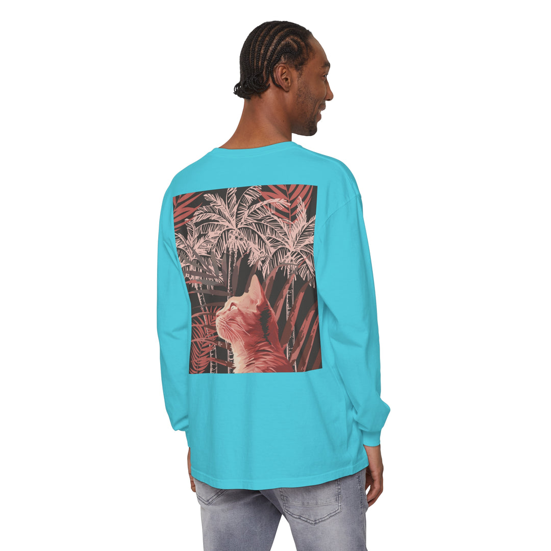 A cute ginger cat lounging under a palm tree on a T-shirt