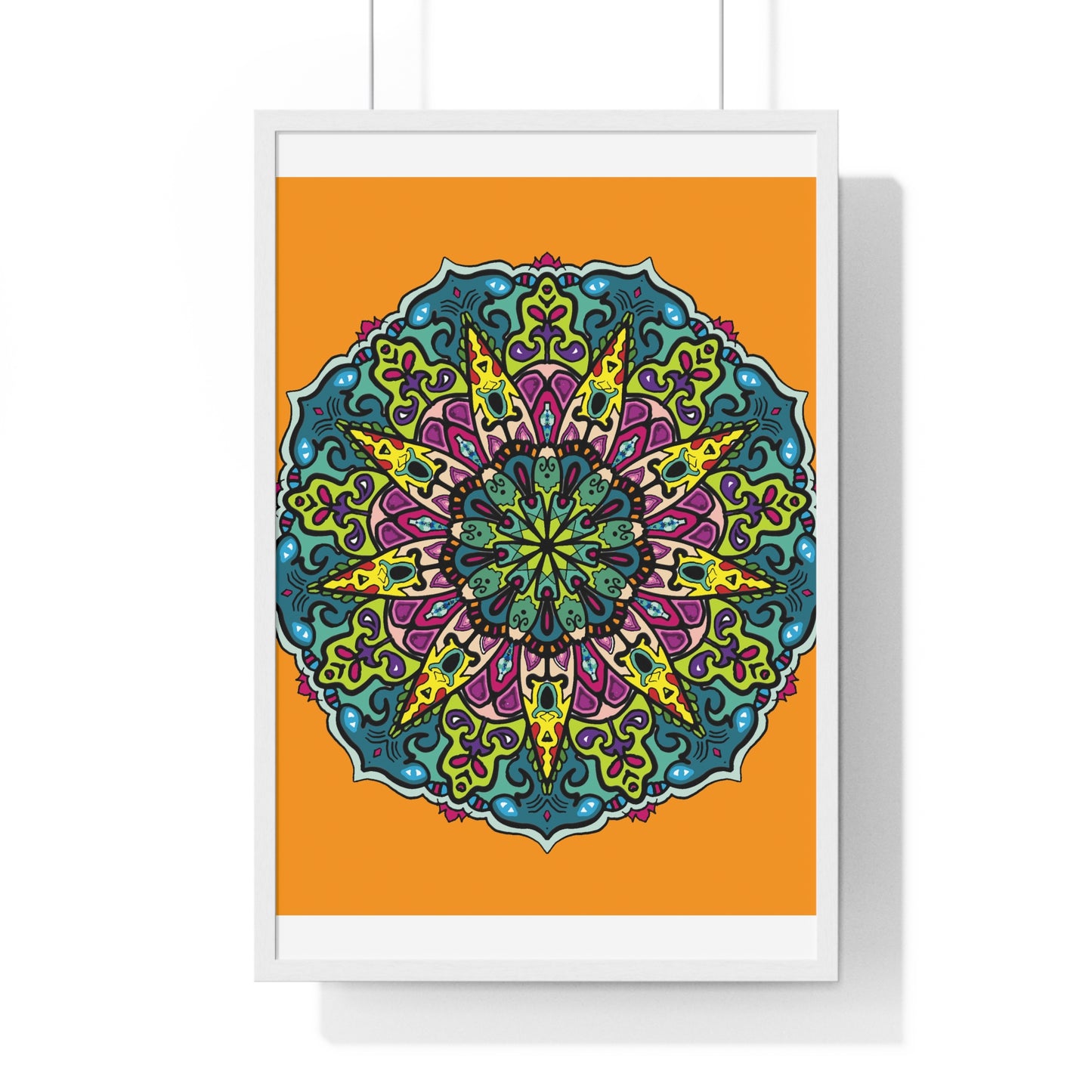 Vertical framed poster featuring a stunning hand-drawn orange mandala art