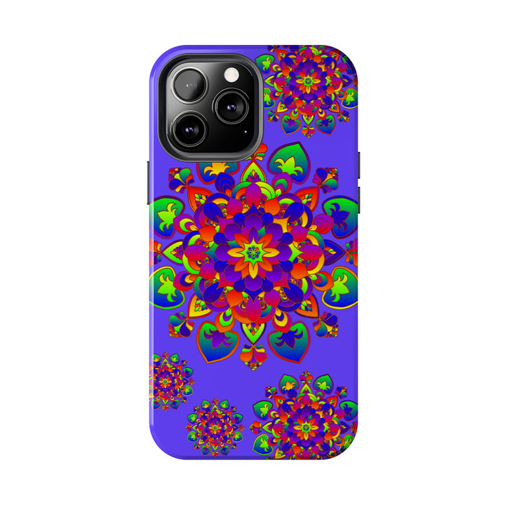 Colorful hand drawn mandala rainbow design phone case on a white background