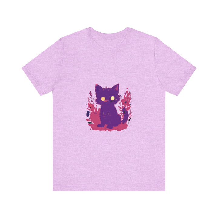 Vibrant and playful Purple Mystery Cat T-Shirt with a whimsical design featuring a curious feline surrounded by a swirling purple mist