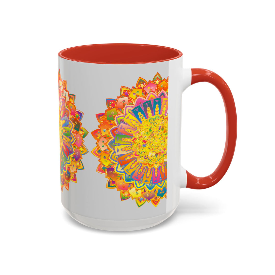 Grey coffee mug featuring a colorful and intricate mandala design