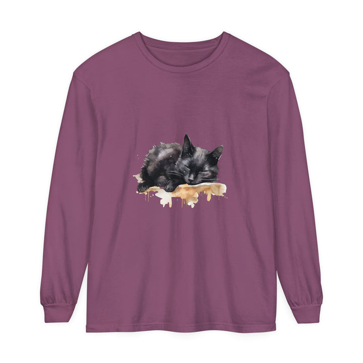 Watercolor painting of a black cat sleeping on a t-shirt