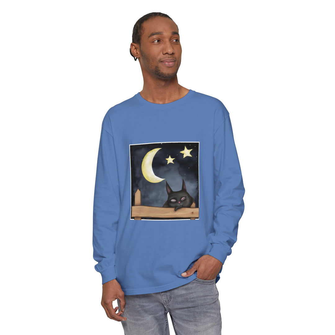 Sleepy Cat Night Sky T-Shirt: A comfortable black shirt with a cute cat sleeping under a starry night sky design