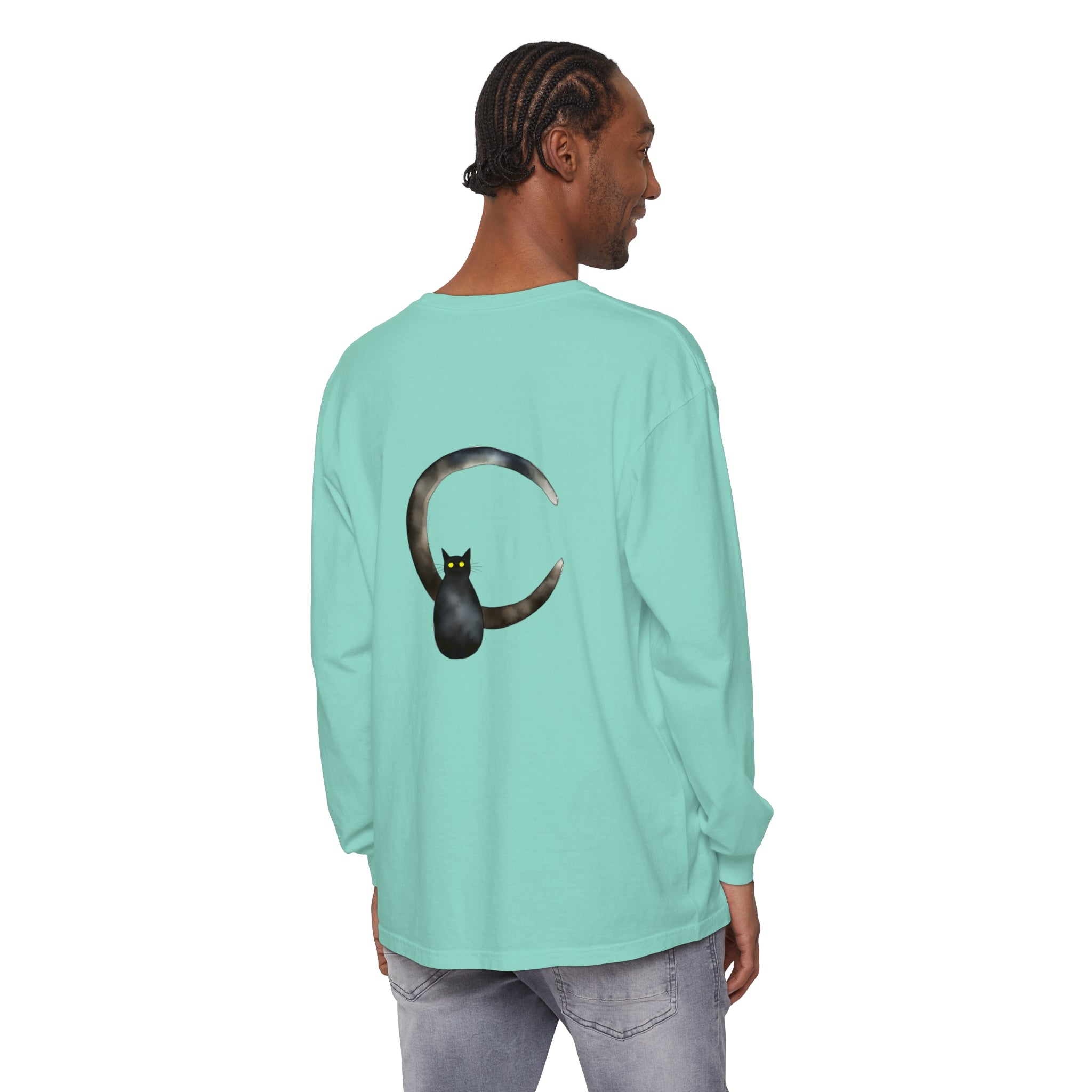 Black Cat Crescent Moon T-Shirt featuring a spooky black cat silhouette against a crescent moon on a soft and comfortable black tee