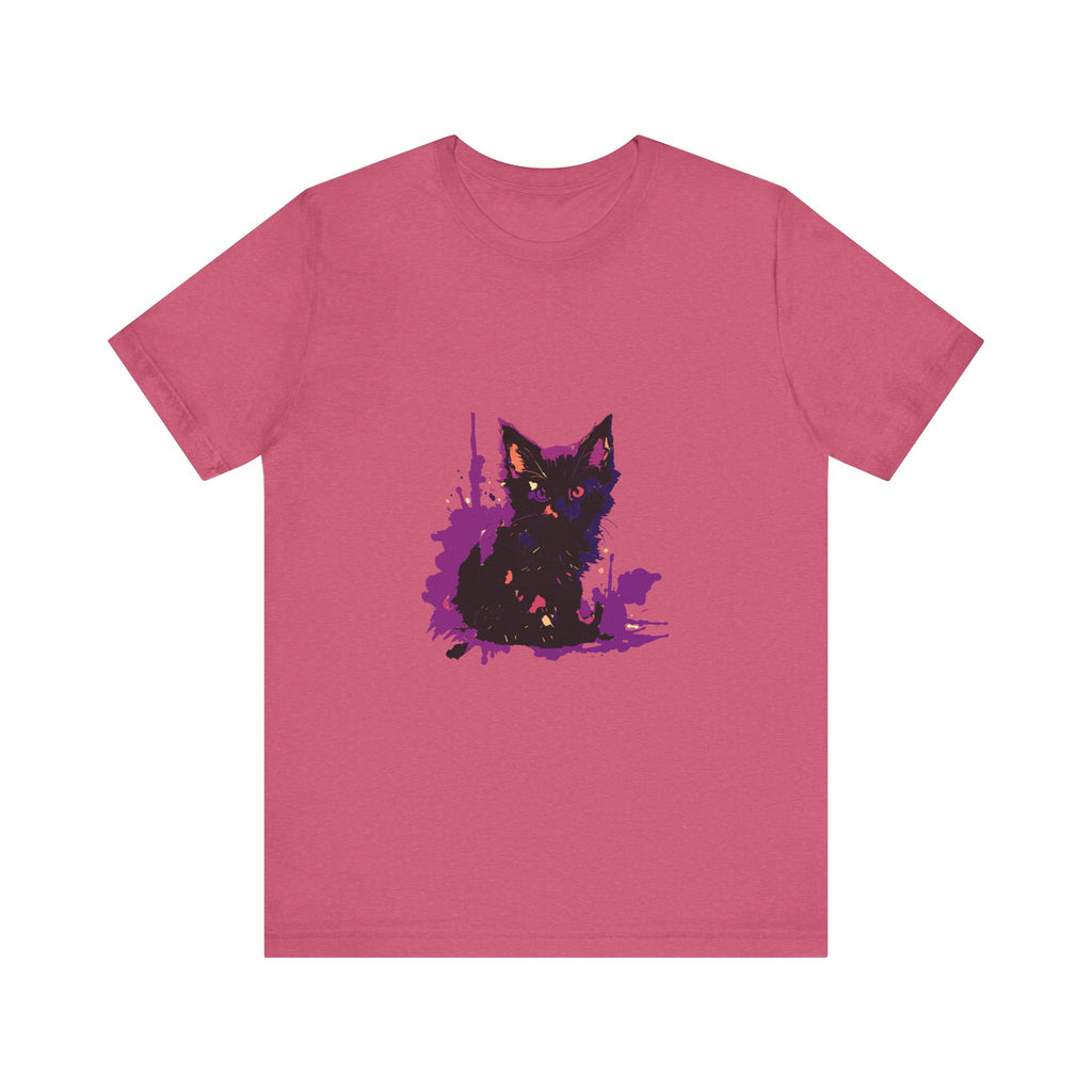 Schwarzes Katzenrätsel – Lila Farbspritzer-T-Shirt
