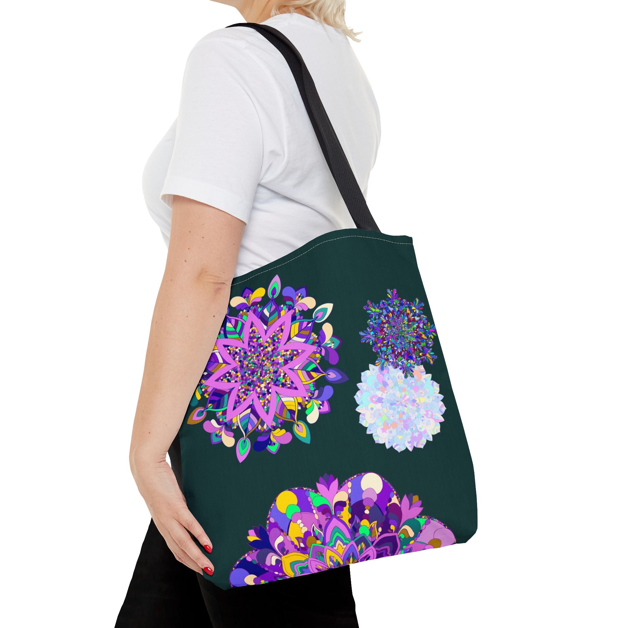 Colorful and intricate mandala patterned tote bag, perfect for carrying all your essentials in style