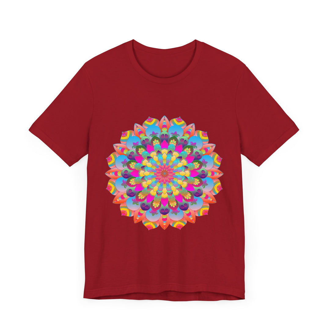 Colorful mandala flower t-shirt featuring psychedelic art design in vibrant hues