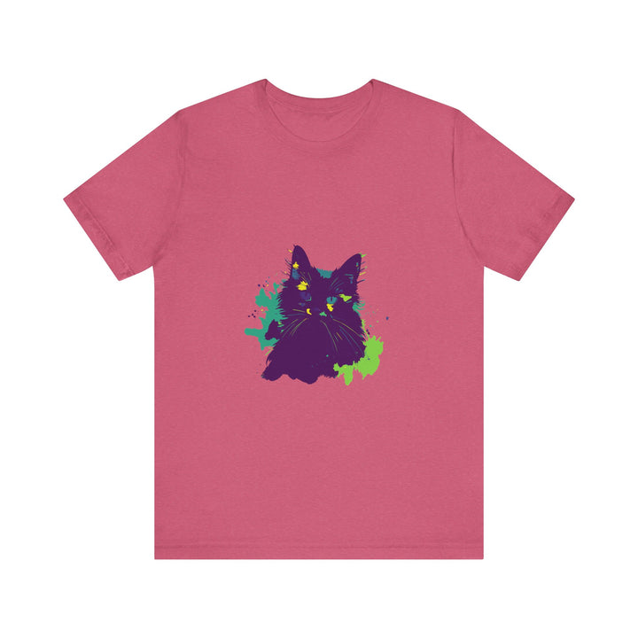 Vibrant purple t-shirt with abstract cat design, perfect for mystery lovers