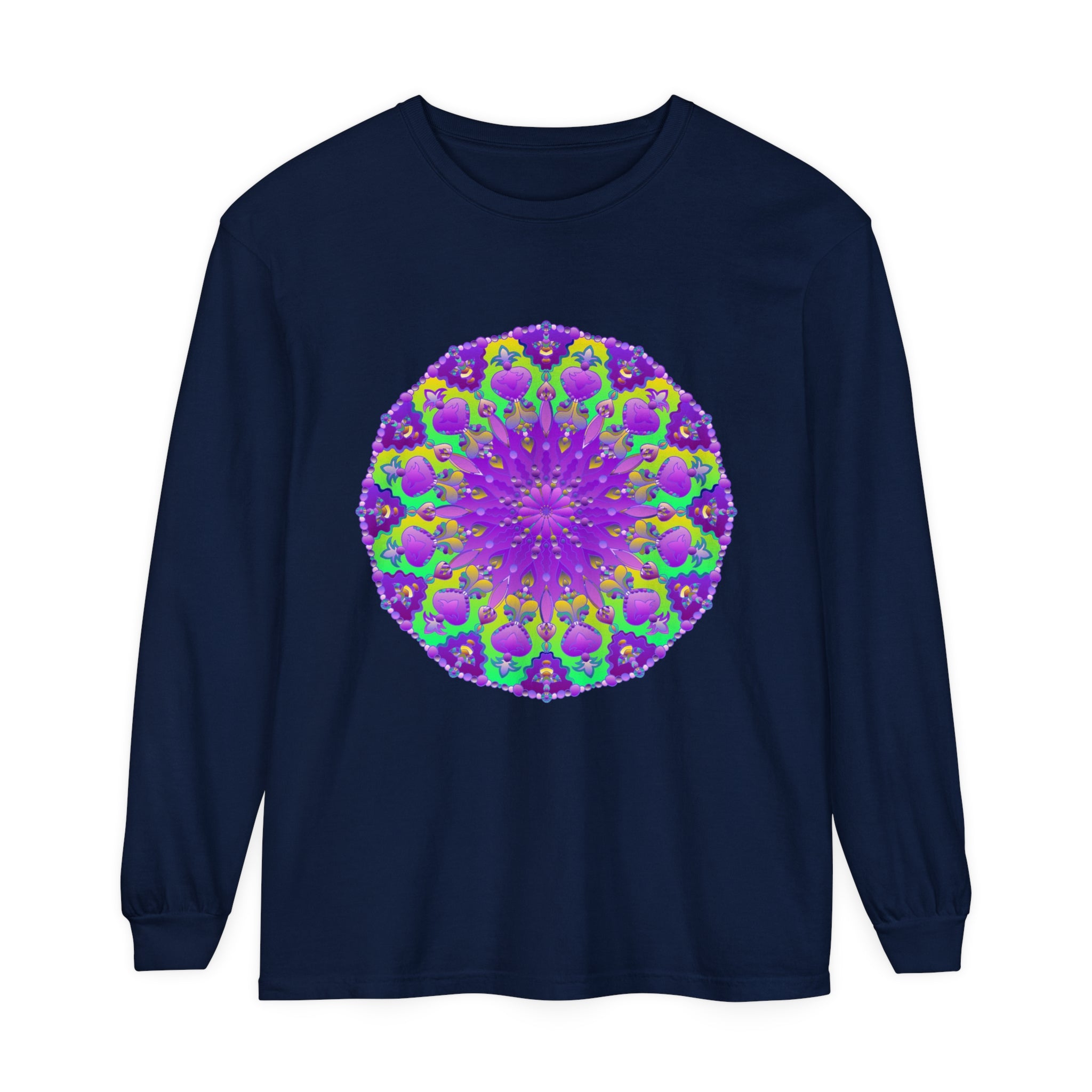 Vibrant purple and green mandala long sleeve t-shirt with intricate design