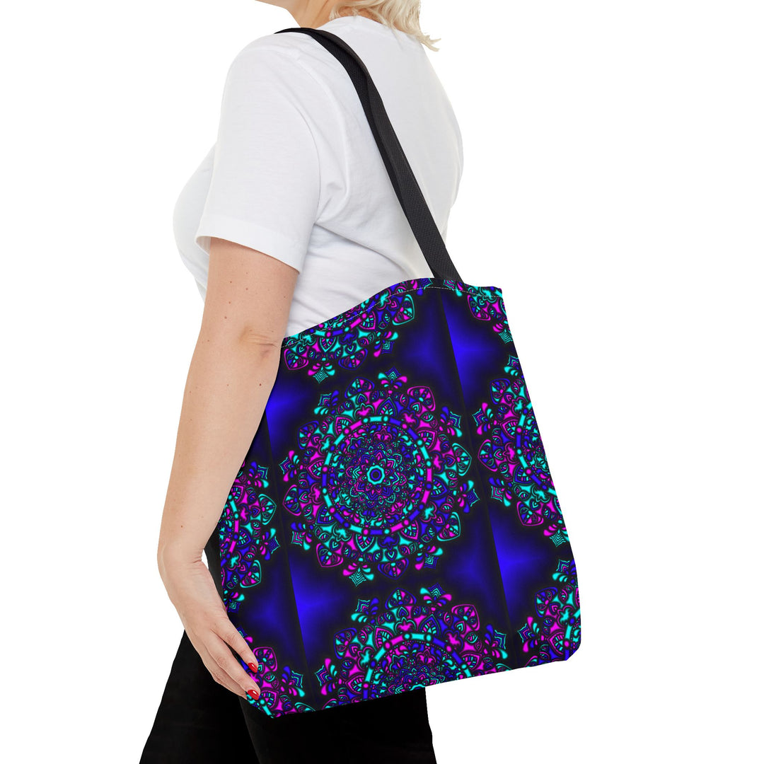 Kaleidoscope Mandala Tote Bag — Vibrant Neon Floral Pattern