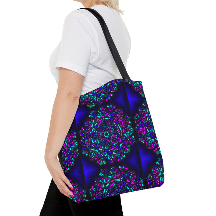 Kaleidoscope Mandala Tote Bag — Vibrant Neon Floral Pattern