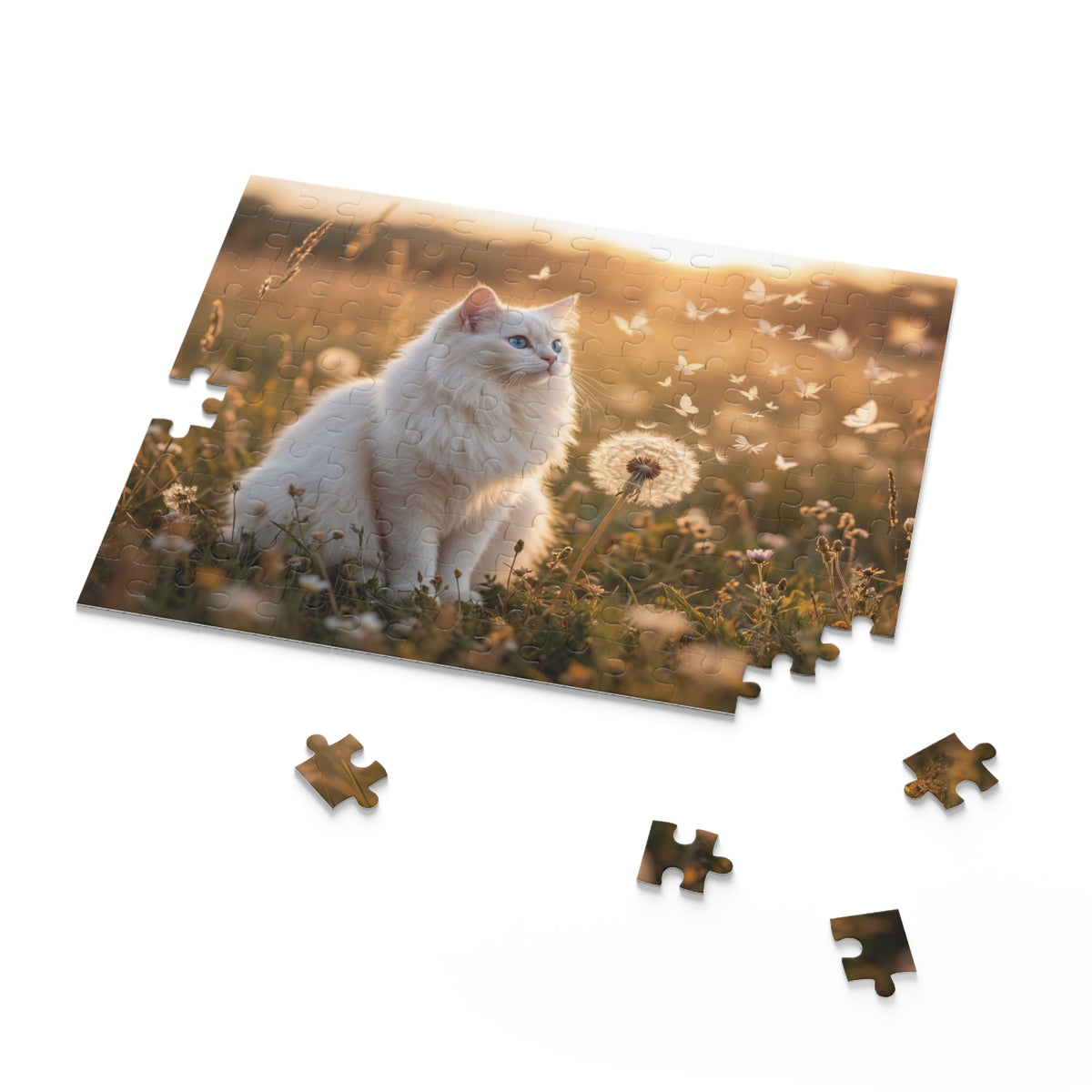 Cat in Dandelions Jigsaw Puzzle — White Kitten in Golden Field (120/252/500 pcs)