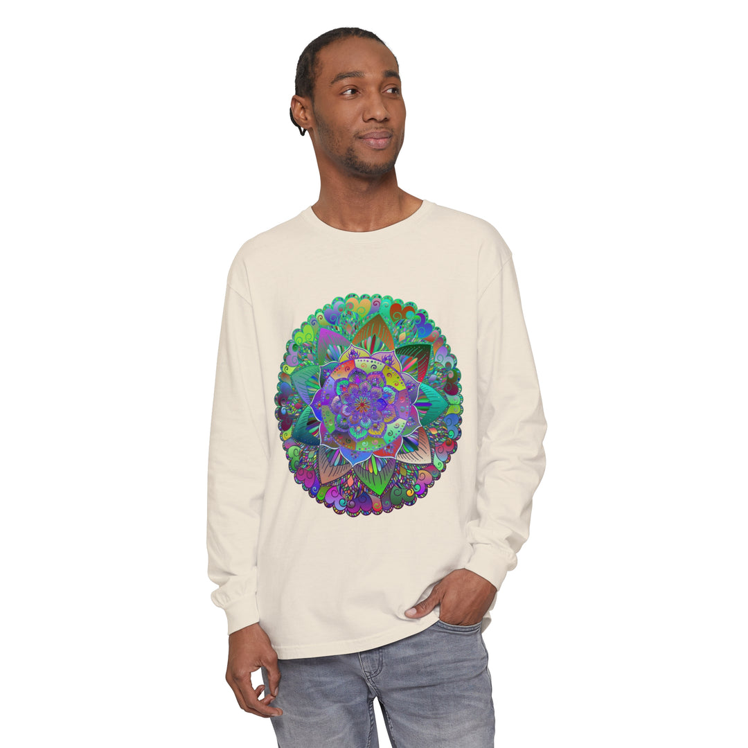 Colorful and detailed mandala design on a comfortable unisex long sleeve t-shirt