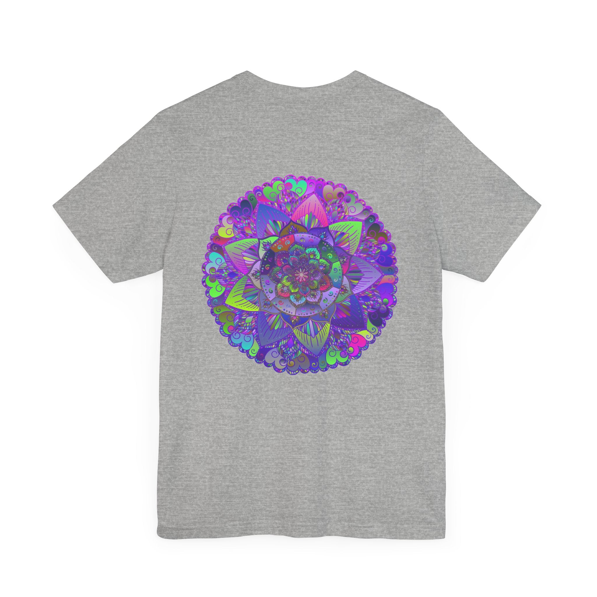 A colorful and intricate mandala design tee shirt symbolizing spiritual peace and harmony