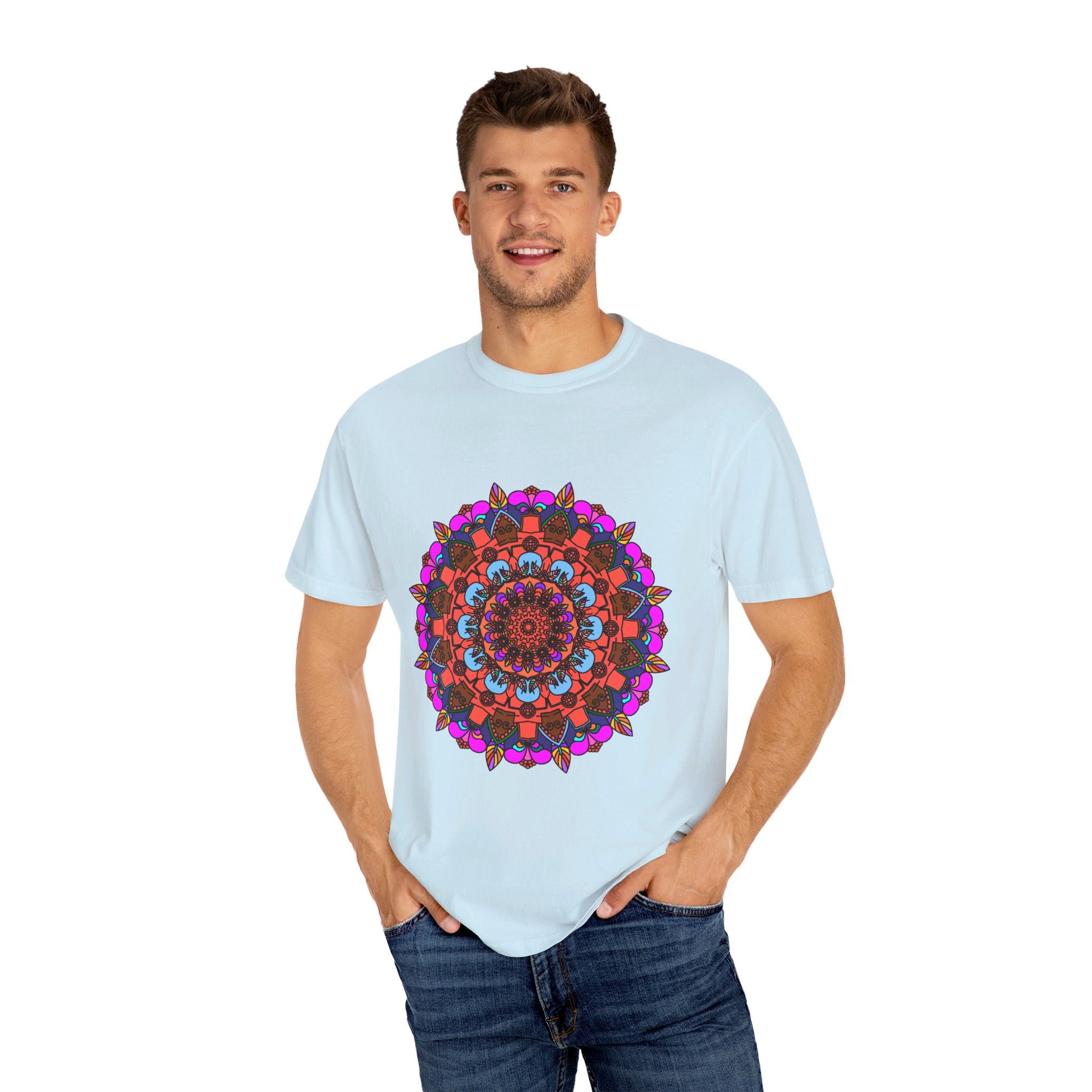 Unisex Mandala T-Shirt made of 100% Ring-Spun Cotton with hand-drawn mandala art, garment-dyed for extra comfort and style