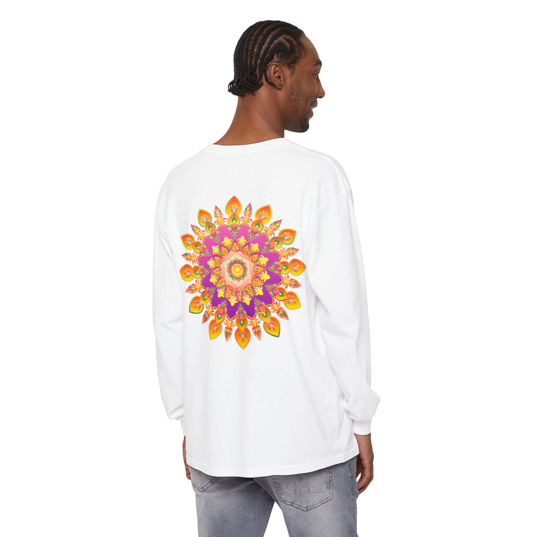 Vibrant Mandala Unisex Long Sleeve T-Shirt with intricate, colorful design and comfortable fit