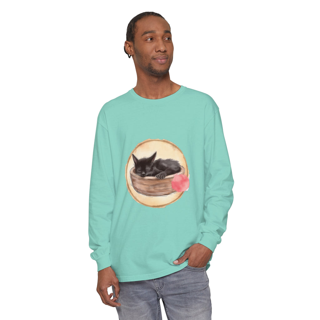 Watercolor illustration of a sleeping cat in a bowl printed on a comfortable long sleeve t-shirt