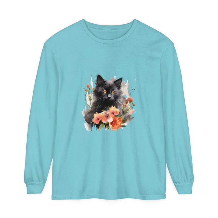 Black Cat & Flowers Watercolor T-Shirt with vibrant floral design and cute feline illustration, perfect for cat lovers and nature enthusiasts