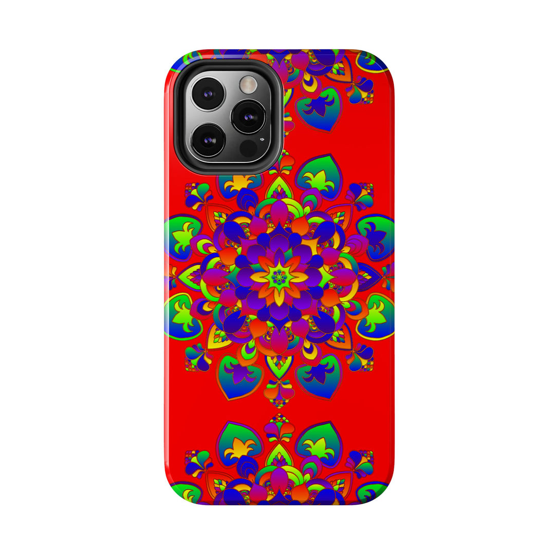 A vibrant and intricate hand-drawn mandala art design in red, featured on a stylish and protective phone case